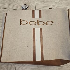 Bebe Canvas & Faux Leather Tote Bag – Beige/Brown Logo Shopper